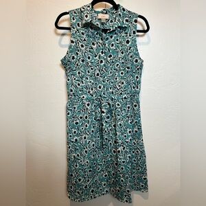 Ann Taylor Loft Teal Floral Dress Collared Elastic Waist Tie Sleeveless Lined